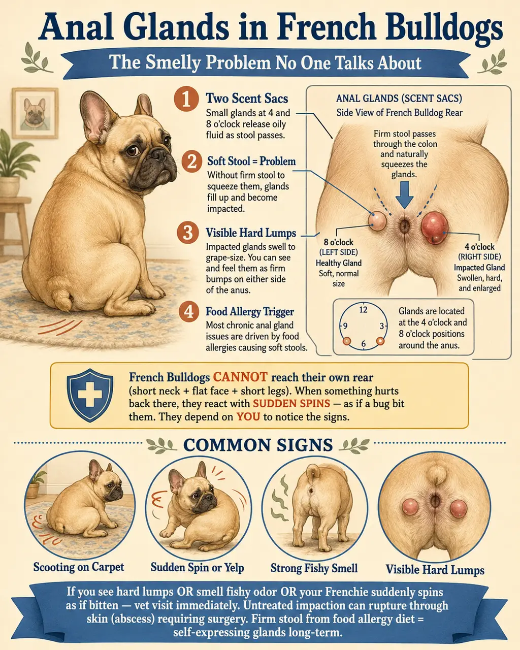 Educational infographic showing anal gland anatomy in French Bulldogs: location of the two scent sacs, common signs (scooting, sudden spin as if bitten, fishy smell, visible hard lumps), and the firm-stool mechanism