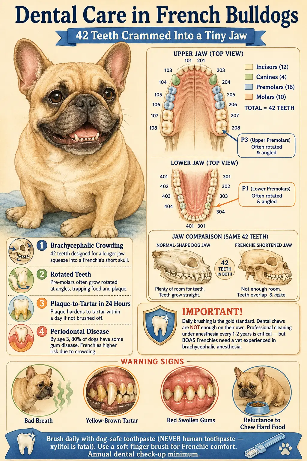 Educational infographic showing dental crowding in French Bulldogs: 42 teeth in a shortened brachycephalic jaw, rotated upper P3 and lower P1, plaque-to-tartar timeline, and warning signs of periodontal disease