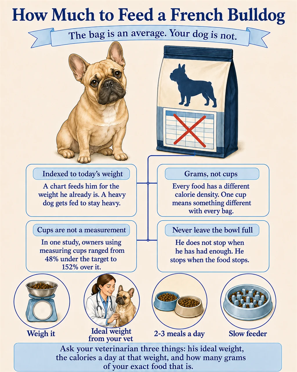 Educational infographic on how much to feed a French Bulldog: why the chart on the bag is indexed to his current weight, why measuring cups are not a measurement, asking the vet for grams, weighing the food, two to three meals a day, and never leaving the bowl full