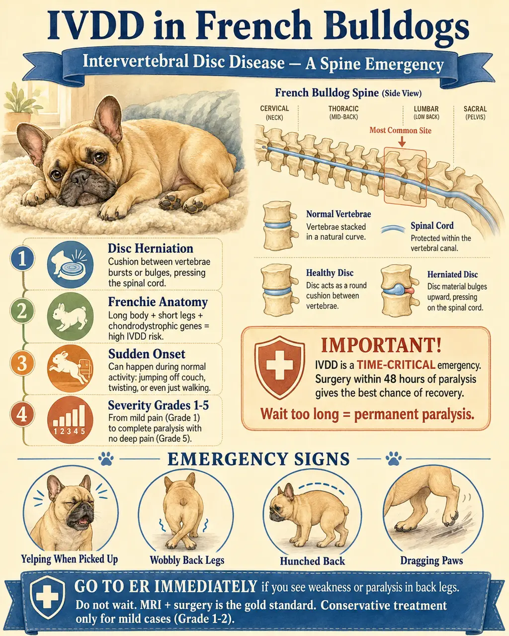 Educational infographic showing IVDD (intervertebral disc disease) in French Bulldogs: spinal anatomy with herniated disc material pressing on the spinal cord at the thoracolumbar region, with the 5-grade severity scale and the critical 48-hour surgical window