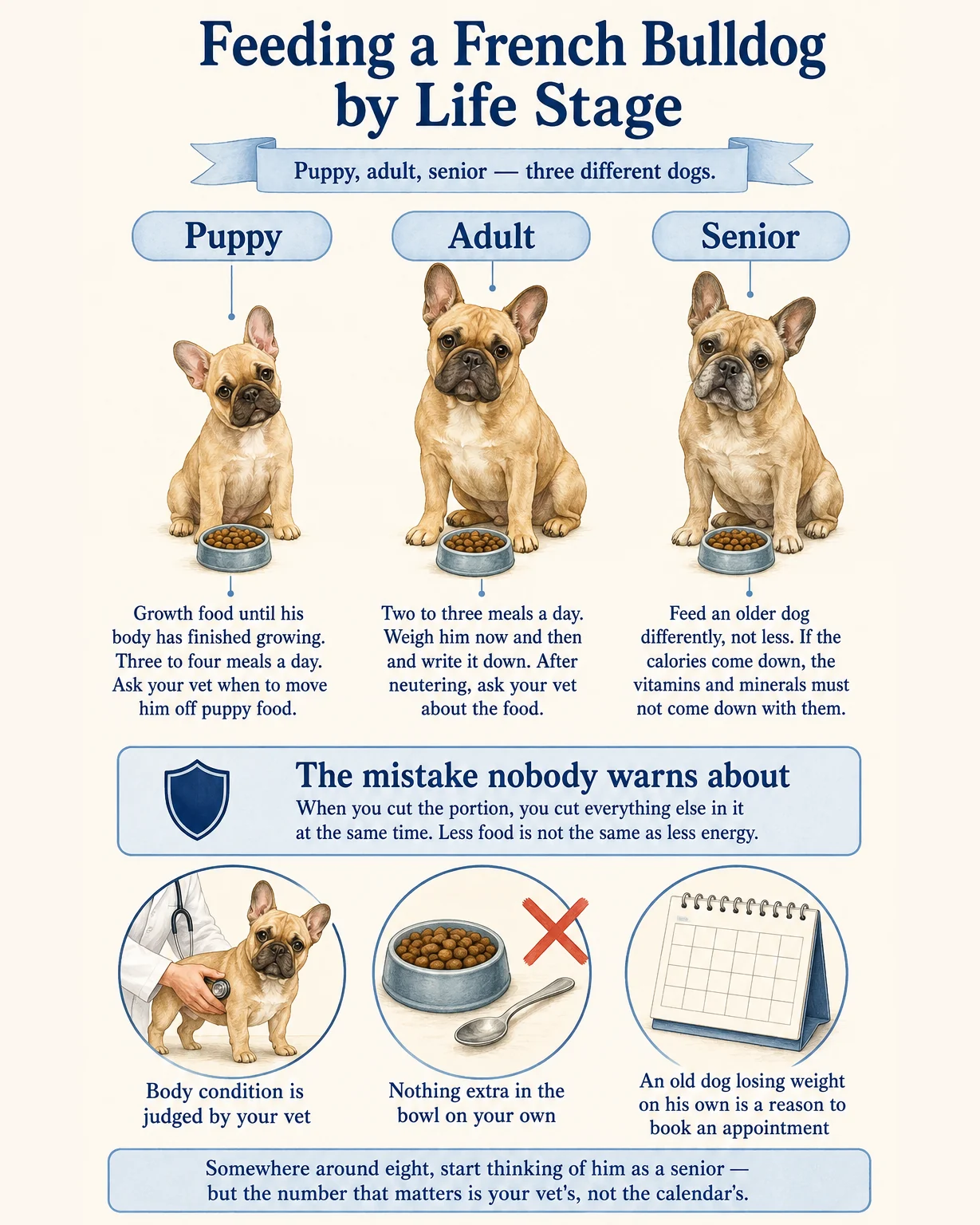 Educational infographic on feeding a French Bulldog by life stage: puppy, adult, and senior side by side with what changes in each, why cutting the portion also cuts the vitamins and minerals, and that body condition is judged by your vet