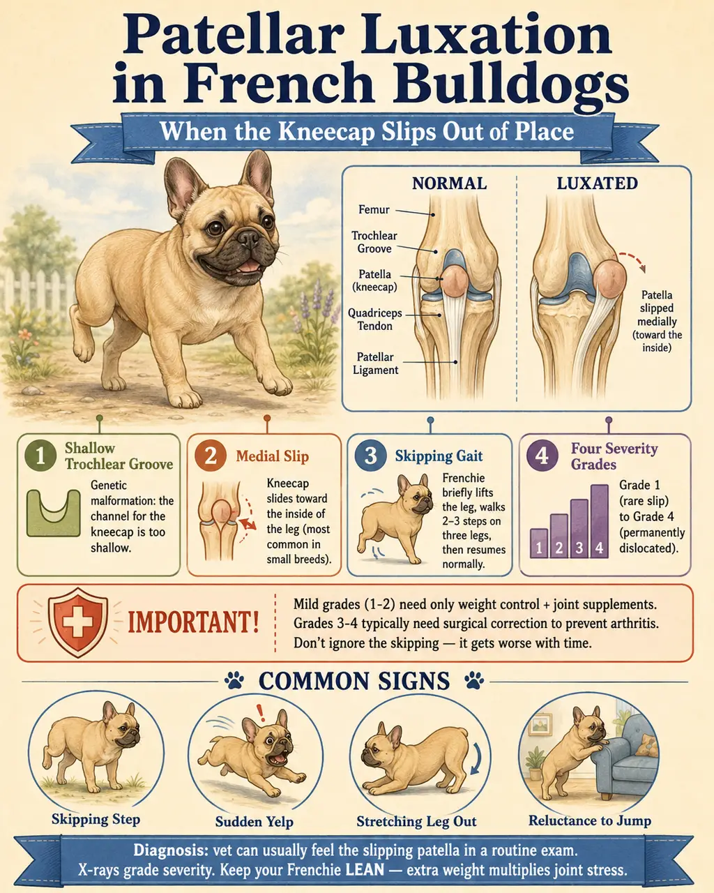 Educational infographic showing patellar luxation in French Bulldogs: the kneecap (patella) dislocating medially out of the trochlear groove at the bottom of the femur, with the four severity grades and key signs including the classic skipping gait