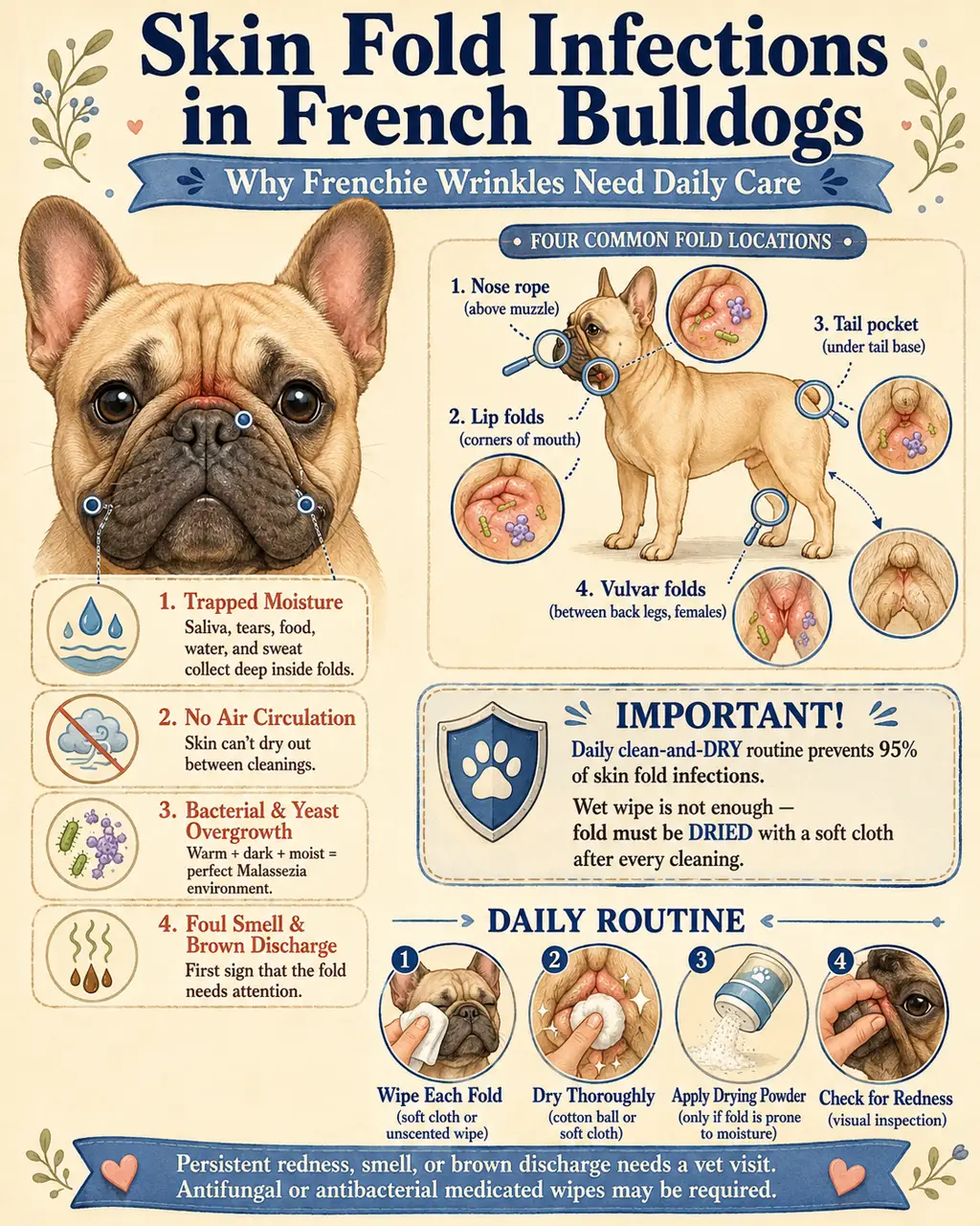 Educational infographic showing skin fold infection sites in French Bulldogs: nose rope, lip folds, tail pocket, and vulvar folds with the daily clean-and-dry routine
