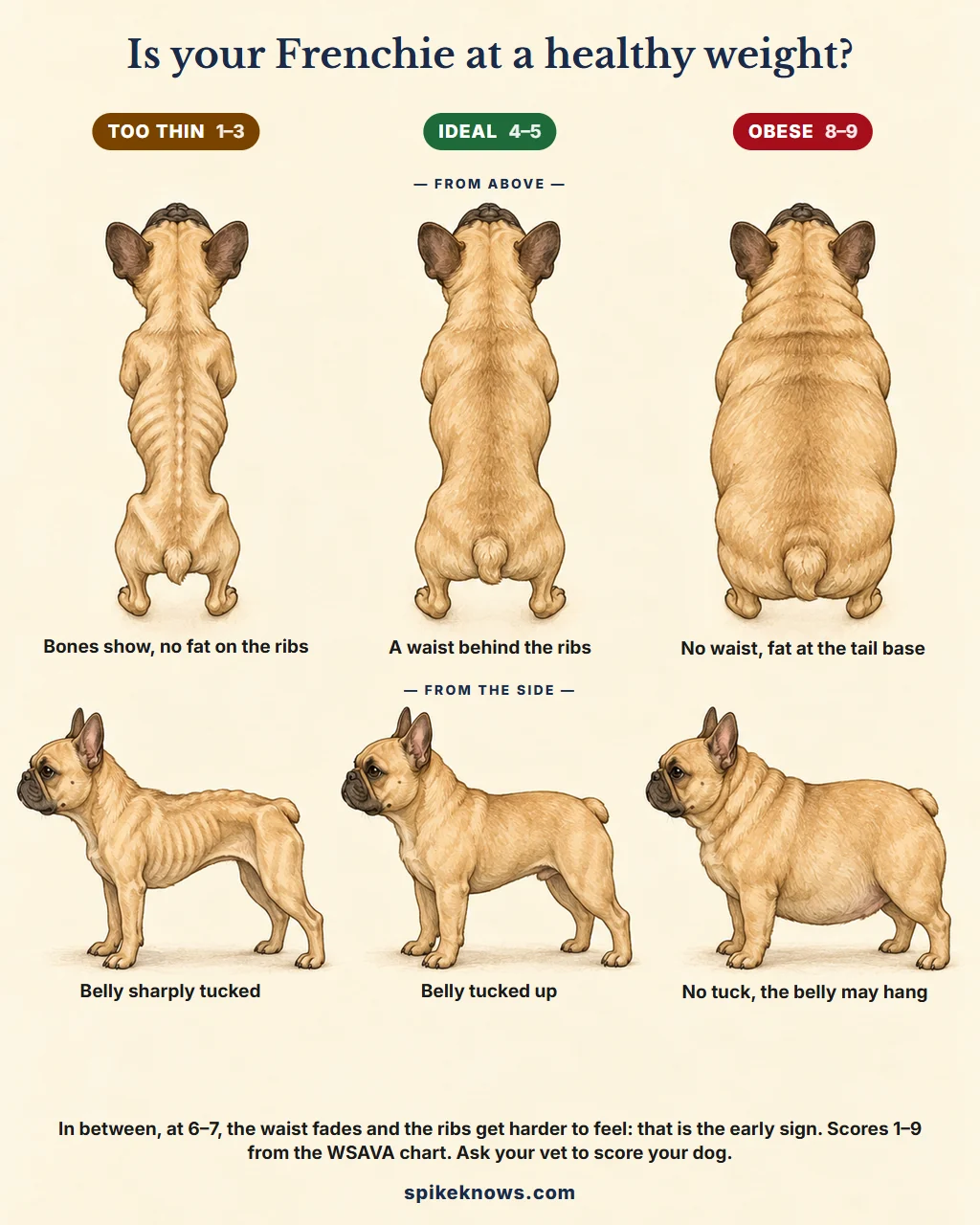 Educational plate showing the same fawn French Bulldog too thin, ideal and obese, seen from above and from the side: bones showing when too thin, a waist behind the ribs and a tucked-up belly when ideal, no waist, fat at the tail base and a hanging belly when obese