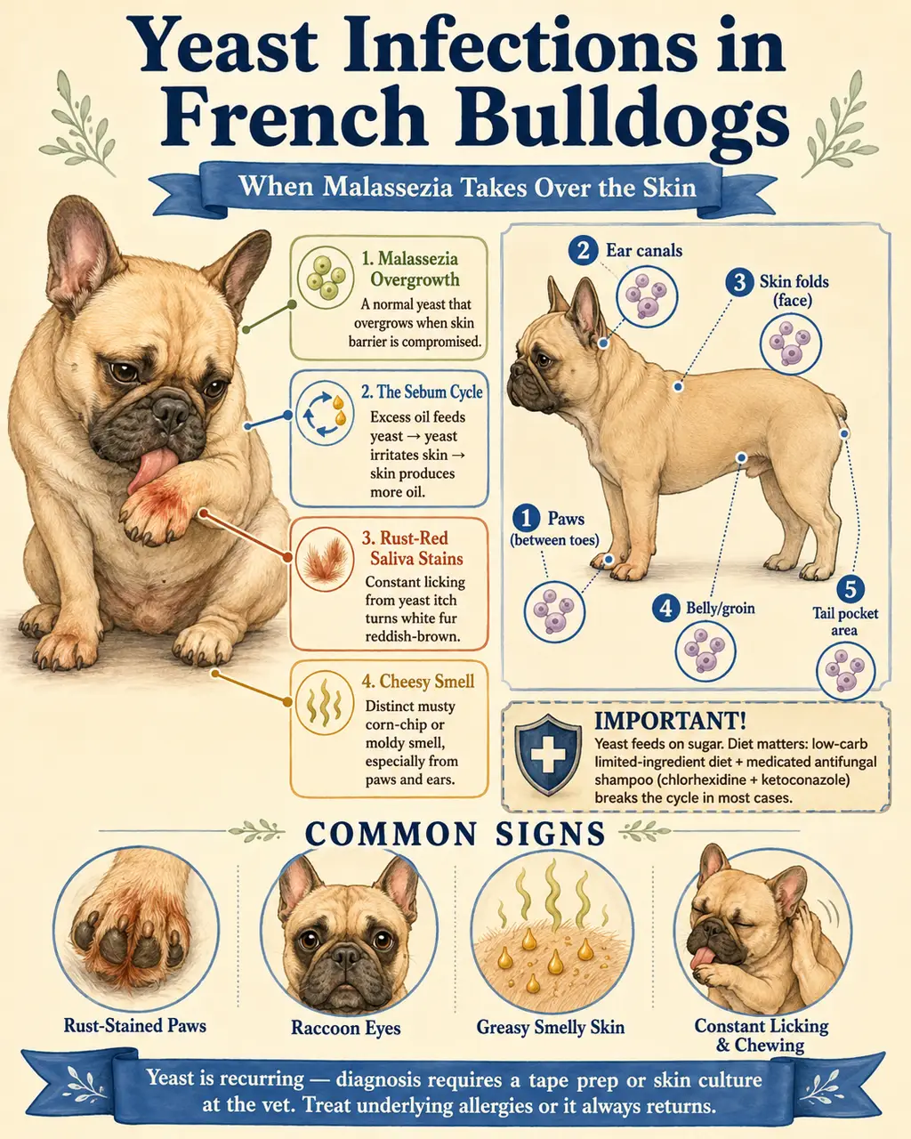 Educational infographic showing yeast infection sites in French Bulldogs: rust-stained paws, raccoon eyes, ear canal, skin folds, and the self-feeding sebum cycle