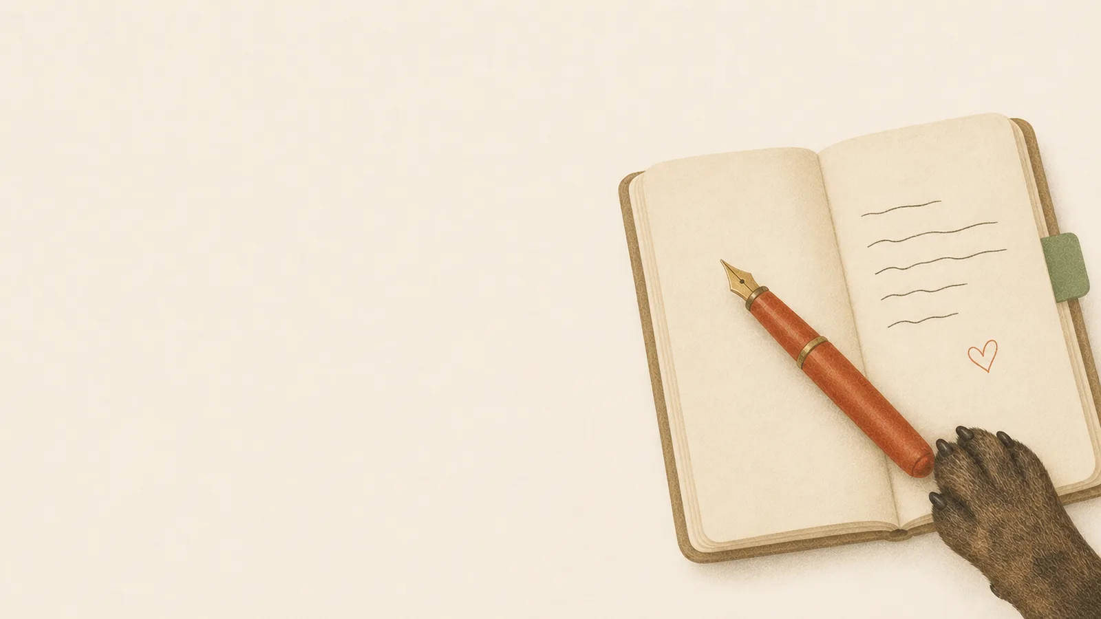 Editorial illustration of an open notebook with a fountain pen and a dog's paw resting on the page