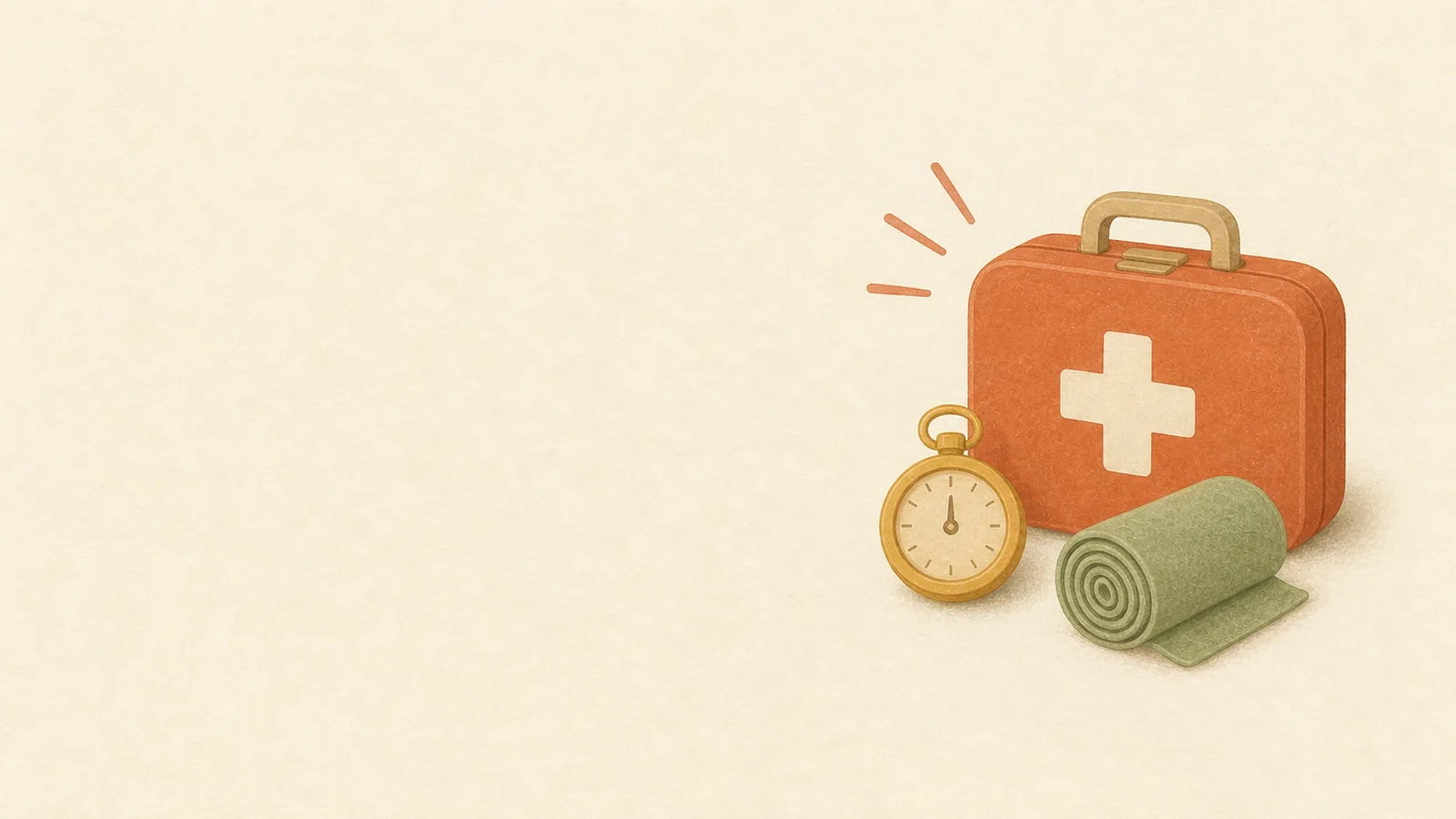 Editorial illustration of a pet first-aid kit with a stopwatch and rolled bandage