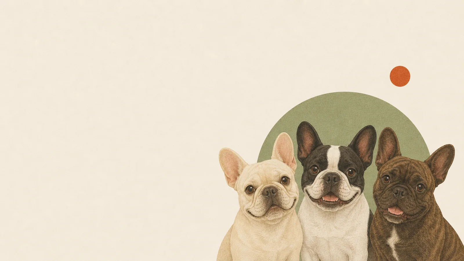 Editorial illustration of three French Bulldogs — cream, pied and brindle — sitting together