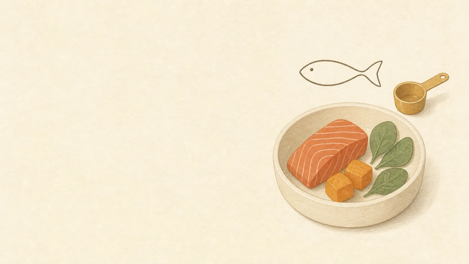 Editorial illustration of a bowl of fresh dog food — salmon, sweet potato and spinach — with a measuring scoop