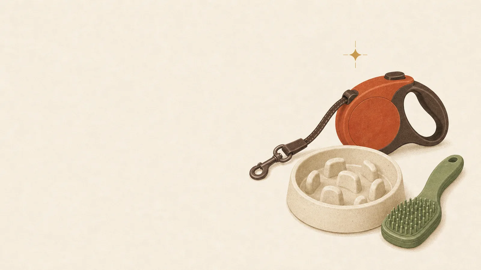 Editorial illustration of Frenchie gear — a leash, a slow-feeder bowl and a grooming brush