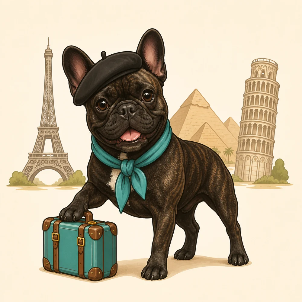 A dark brindle French Bulldog in a beret with a suitcase, in front of the Eiffel Tower, the pyramids and the Leaning Tower of Pisa