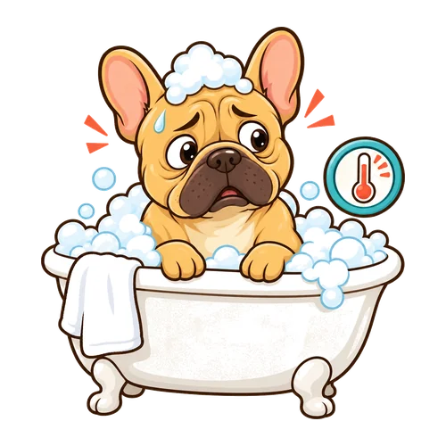 Frenchie en una visita tranquila a la peluquería con una toalla, una bañera al fondo y un termómetro