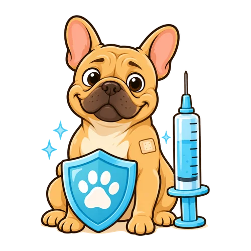 Frenchie con una curita tras la vacuna, junto a un escudo protector y una jeringa